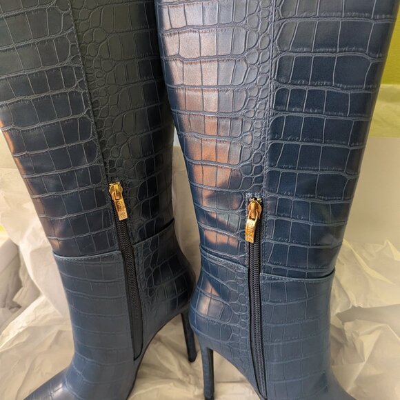 GUESS Faux Croc Leather Knee High Boots Cobalt Blue Sz6 - Picture 11 of 13